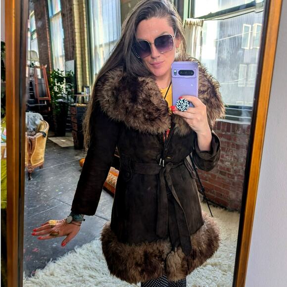 Vintage Brown Suede Fur Trim Penny Lane Jacket Genuine Leather Trench Coat Small - Picture 2 of 11